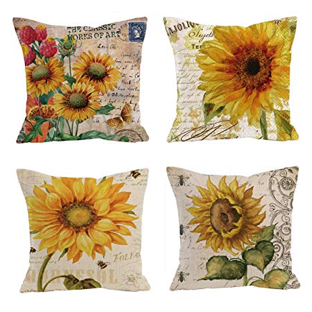 Set of 4 Oil painting sunflower Throw Pillow Case Cushion Cover Decorative Cotton Blend Linen Pillowcase for Sofa 18 "X 18 ", Vibrant Yellow Flower Vintage Zippered Throw Pillow Cover Decorative