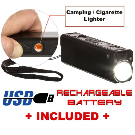 StellarLights 200 Lumen Multipurpose Outdoor USB Rechargeable LED Handheld Camping Flashlight - Powerbank Device Charger - Fire Starter  Cigarette Smoking Lighter