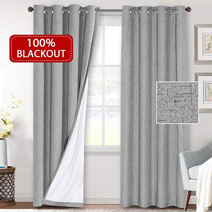 Linen Textured Look 100% Blackout Curtain for Bedroom Room Darkening Window Drapes for Living Room Waterproof Curtain with Thermal Insulated White Liner 2 Panels ( 52 x 84 Inch, Dove Gray )