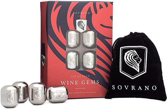 Sovrano Wine Gems - Set of 4 Stainless Steel Wine Chillers for Wine or Your Favorite Beverage - Includes Gift Box & Storage Pouch - Wine Accessory Gift For Men & Women