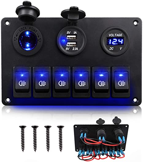 Marine Rocker Switch Panel 6 Gang Waterproof Boat Toggle Switches with Digital Voltmeter, Double USB Power Charger and 12V Cigarette Lighter Socket for Car Boat Truck Jeep Yacht Goft Cart