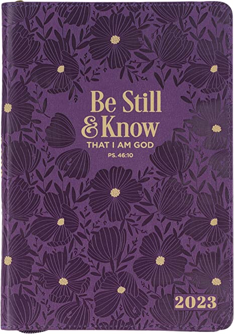 Christian Art Gifts 2023 12 Month Executive Vegan Leather Planner for Women: Be Still & Know - Psalm 46:10 Inspirational Bible Verse, Daily Personal Organizer w/Zipper Closure & Ribbon, Purple Floral