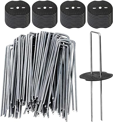 6 Inch Garden Staples with Fixing Gasket, 100Pcs Galvanized Garden Stakes and 100Pcs Gasket, Heavy Duty 11 Gauge Garden Pins Stakes for Securing Lawn Fabric, Weed Barrier