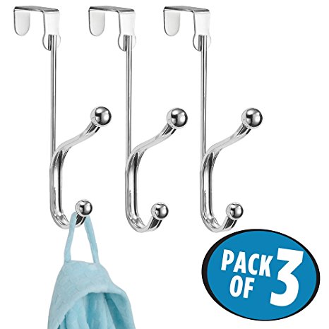 mDesign Over the Door Organizer Hooks for Coats, Hats, Robes, Towels - Pack of 3, Dual Hook, Chrome