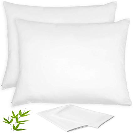 Lyocell Bamboo Pillow Cases - Set of 2 Pillowcase with Zipper, White, King 20x36 Inches, Sateen Weave - Sustainable Organic Bamboo, Cooling Pillowcase, Hypoallergenic Anti Wrinkle and Acne Pillowcase