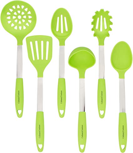 Set of 6 Stainless Steel & Silicone Heat Resistent Kitchen Utensils - Lime Green