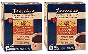 Teeccino Gluten Free Chicory Herbal Tea Dandelion Caramel Nut Tea Bags, Caffeine Free, Acid Free (2 Pack of 10 count)