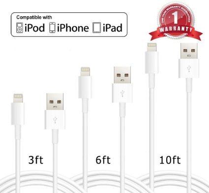 ESK (TM) Pack of 3 Feet 6 Feet 10 Feet 8 Pin Lightning to USB Cable for iPhone iPad and iPod (Colors May Vary)