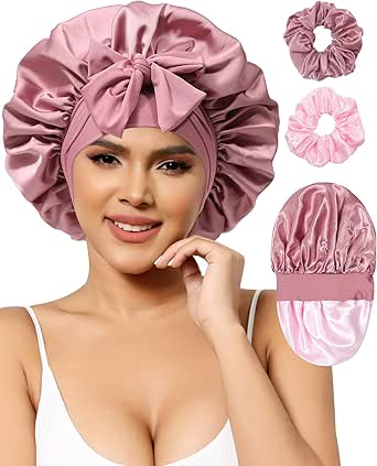 Satin Bonnet Silk Bonnet for Sleeping Women Hair Bonnet for Curly Hair Sleep Cap Reversible Double Layer Bonnet with Tie Band