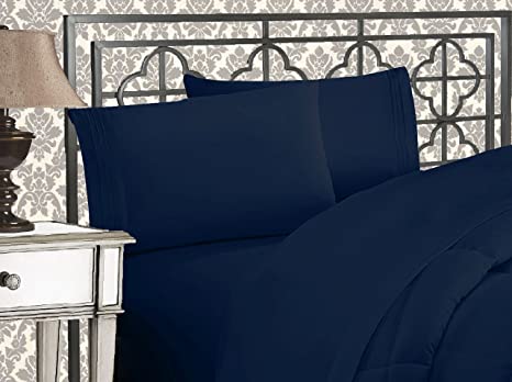 Elegant Comfort ™ Luxurious 1500 Thread Count Egyptian Three Line Embroidered Softest Premium Hotel Quality 4-Piece Bed Sheet Set, Wrinkle and Fade Resistant, Queen, Navy Blue