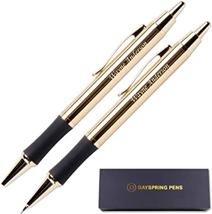 Dayspring Pens - Personalized Monroe 18 Karat Gold Plated Gift Pen and Pencil Set. Custom Engraved Fast, Great Gift for Man or Woman with Real Gold Plating. Gift Case Included.