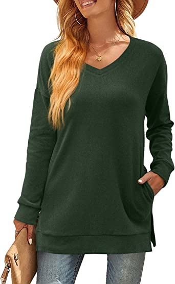 Aokosor Jumpers for Womens Long Sleeve Tops Ladies V Neck Sweatshirts with Pockets Side Split