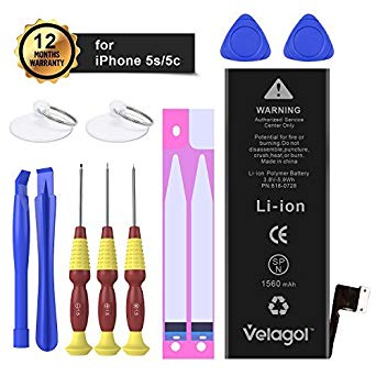 Velagol iP5S/5C Battery 1560 mAh Li-ion Polymer Replacement Battery for iPhone 5s/5c with Repair Tool Kits Instruction