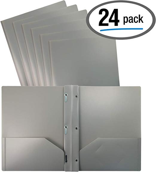 Better Office Products Gray Plastic 2 Pocket Folders with Prongs, 24 Pack, Heavyweight, Letter Size Poly Folders with 3 Metal Prongs Fastener Clips, Gray