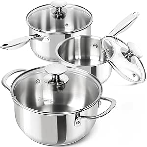 MICHELANGELO Stainless Steel Pot Set with Lids 1QT & 2QT & 3QT, Stainless Steel Saucepan Set 6pcs, 18/10 Induction Saucepans, Induction Compatible, Dishwasher Safe