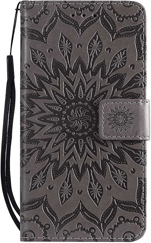 Case for Motorola Moto G7 Play, SUNWAYS Sun Flowers Embossing PU Leather Moto G7 Play (US Version) Wallet Case with Card Slots Magnetic Folio Flip Cover(Grey)
