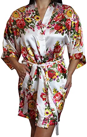 Women's Floral Satin Kimono Short Bridesmaid Robe with Pockets - Silky Touch