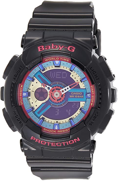 Casio Women's Baby G Quartz 100M WR Shock Resistant Resin Color: Black with Multi Color Face (Model BA-112-1ACR)