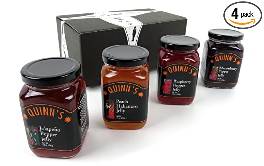 Quinn's Pepper Jelly 4-Flavor Variety: One 12 oz Jar Each of Jalapeño, Peach Habanero, Raspberry, Marionberry in a BlackTie Box (4 Items Total)