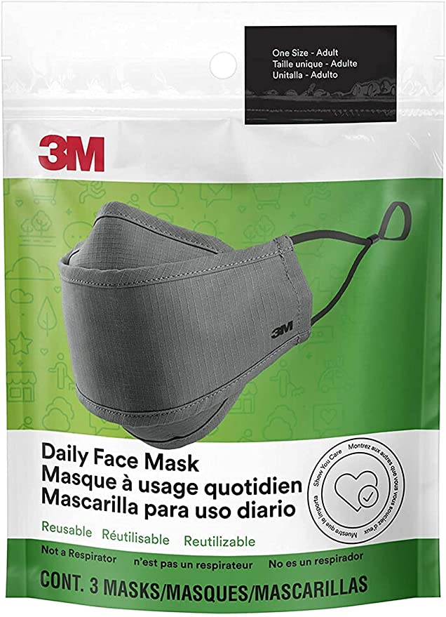 3M (MCOE7) Daily Face Mask, Reusable, Washable, Adjustable Ear Loops, Lightweight Cotton Fabric, 3 Pack