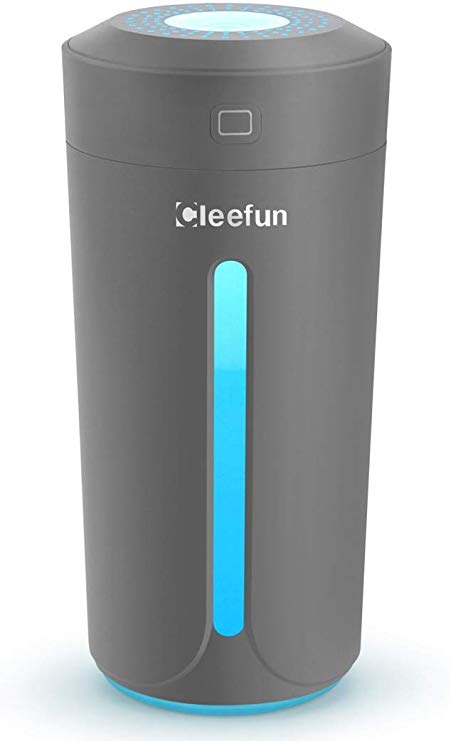 CLEEFUN Cool Mist Humidifier, Ultrasonic USB Portable Mini Quiet Air Humidifiers for Office Desk Car Travel Hotel Bedroom, 230ML Desktop Cup Humidifier with 7 Colors LED Night Lights(Gray)