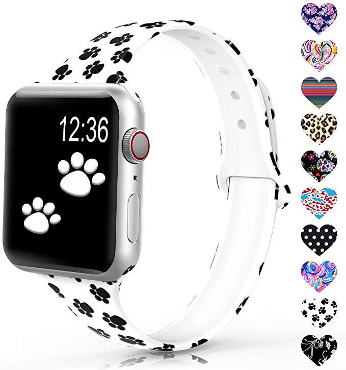 Sunnywoo Sport Band Compatible with Apple Watch 38mm 40mm 42mm 44mm, Narrow Soft Fadeless Floral Silicone Slim Thin Replacement Wristband (Pattern 12-Paw, 38MM/40MM)