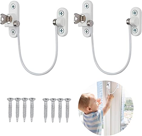 Window Restrictor Locks, 2Pcs Professional UPVC Window Restrictor Locks, Child Baby Safety Security Wire Catch with Screw Keys Safety