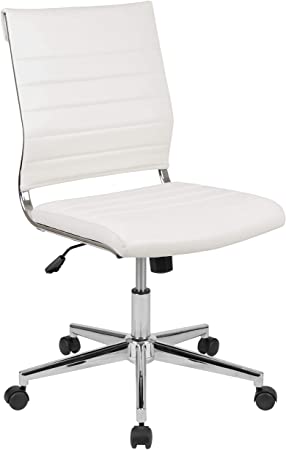 Flash Furniture Mid-Back Armless White LeatherSoft Contemporary Ribbed Executive Swivel Office Chair, BIFMA Certified