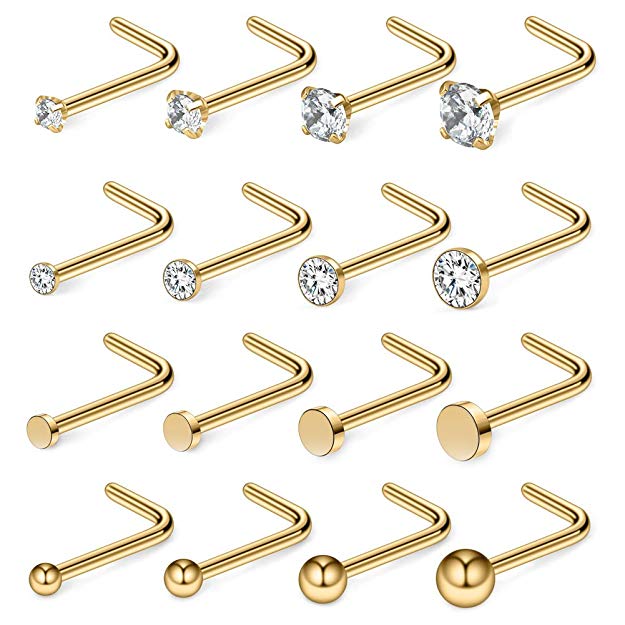 Ruifan 20G 18G Surgical Steel 1.5mm-3mm Flat Ball Clear Diamond CZ Nose Stud Rings L Shaped Piercing Jewelry 16PCS