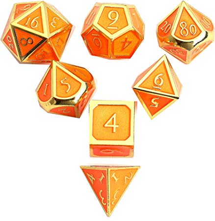 DND Polyhedral Metal Game Dice Gold Orange 7pc Set for Dungeons and Dragons RPG MTG Table Games D4 D6 D8 D10 D12 D20