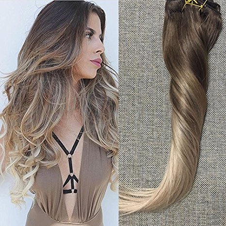Full Shine 16" 10 Pcs 120gram Color #4 Dark Brown Fading to Color #18 Balayage Extensions Ombre Clip in Remy Human Hair Extensions Full Head Ombre Hair Extensions