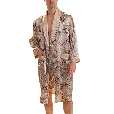 BridalAffair Men's Summer Luxurious Kimono Robe Soft Satin Bathrobe Long-Sleeve Nightgown Printed Pajamas