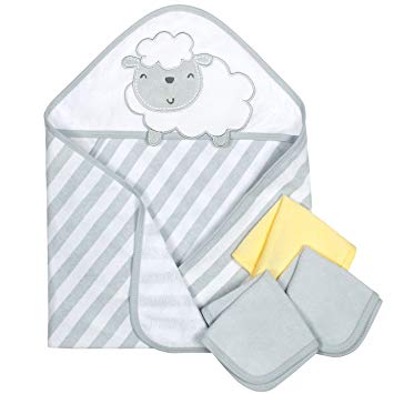 Gerber 4-Piece Hooded"26 x 30" Towel and 9"x 9" Washcloth Set, Lamb