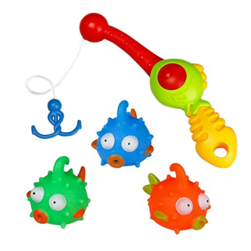 Bath Toy Fishing Game Water Bathtub Toys with Floating Fishes and Fishing Role 4 PCS Great Gift for Toddlers Kids Boys Girls over 3 Years,Random Color