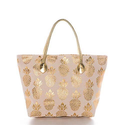 Women Metal Gold Pineapple Large Beach Tote Bag with Gold Accents