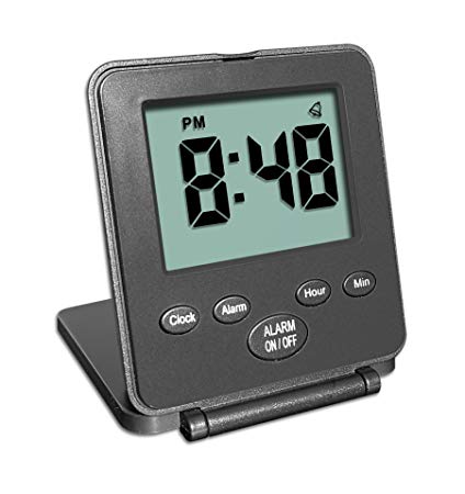 Digital Travel Alarm Clock - No Bells, No Whistles, Simple Basic Operation, Loud Alarm, Snooze, Small and Light, ON/OFF Switch, 2 AAA Battery Powered, Black
