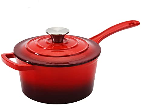 Hamilton Beach 2 Quart Enameled Coated Cast Iron Round Sauce Pan with Lid, Red