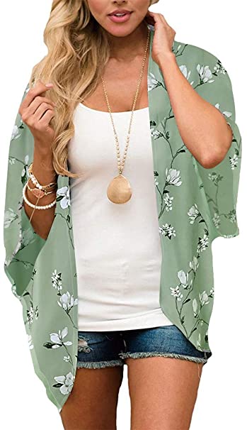 Women's Floral Print Puff Sleeve Kimono Cardigan Loose Cover Up Casual Blouse Tops