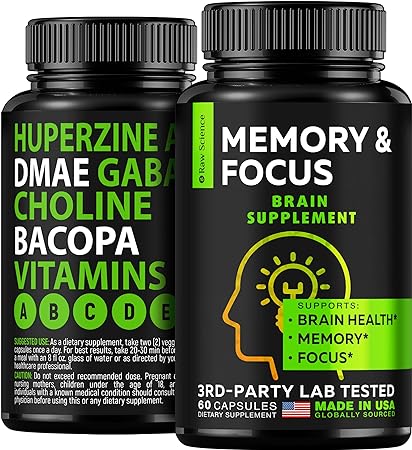 Nootropic Brain Supplements for Memory & Focus with GABA, Choline, DHA - Brain Health Support: Phosphatidylserine, Bacopa Monnieri, Huperzine A - Green Tea Extract, DMAE for Energy Boost - 60 Capsules