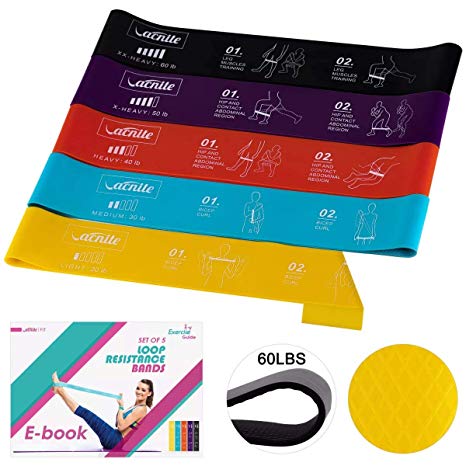 VACNITE Resistance Bands, Ultra-Heavy Anti-slip Exercise Bands Guide Printed on Loop Bands for Anywhere Fitness, Set of 5 Natural Latex Resistance Workout Bands for legs and butt with Ebook, Carry Bag