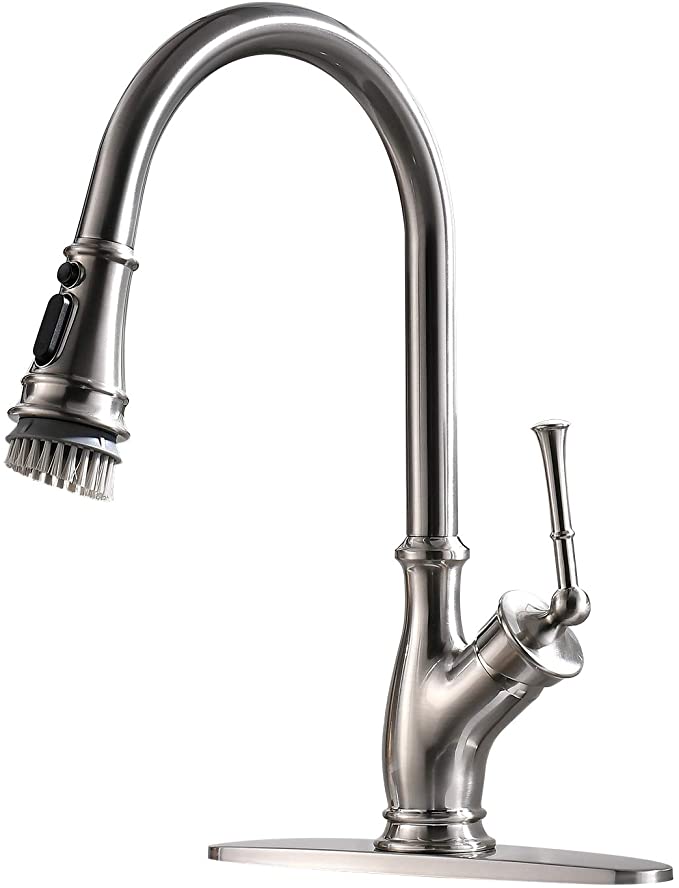 Modern Kitchen Faucets with Pull Down Sprayer, Stainless Steel Single Handle Pull Out Spray Kitchen Sink Faucet with Deck Plate,Brushed Nickel