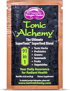 Dragon Herbs Tonic Alchemy Superfood Greens Powder - Single Serve Packet - 91 Ingredients: Tonic Herbs, Ashwagandha, Mushrooms, Prebiotics, Probiotics, Super Greens, Seaweeds, Fruits, Spirulina