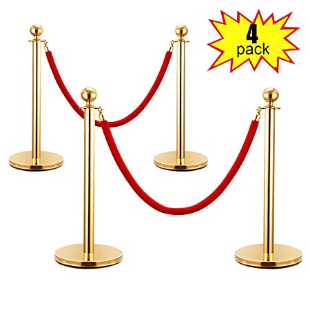 JAXPETY Round Top Polished Brass Stanchion Posts Queue Barrier, Pack of 4 Posts with Red Velvet Ropes,GOLD