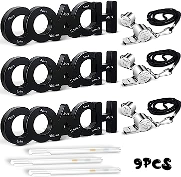 Amyhill 9 Pcs Coach Gifts Soccer Coach Wood Sign Thank You Coach Whistle Stainless Steel Whistle with Rope White Marker Pen Coach Gifts for Men Women Football Volleyball Sports Home Office Christmas