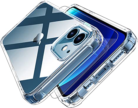 Hango iPhone 12 Case,iPhone 12 Pro Clear Case with Screen Protector,[ Military Grade ] Pass 15Ft. Drop Tested Shockproof Cover,Slim-fit Protective Phone Case for iPhone 12/12 Pro 6.1" Clear