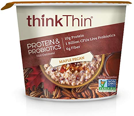 think! (thinThin) Protein & Probiotics Hot Oatmeal - Maple Pecan, 10g Protein, 1B Probiotics, 6g Fiber, Vegan, Non GMO Project Verified, 1.94oz cup (6 Cups)