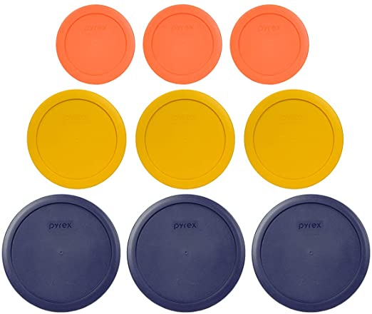 Pyrex (3) 7402-PC 6/7 Cup Blue (3) 7201-PC 4 Cup Butter Yellow (3) 7200-PC 2 Cup Orange Replacement Food Storage Lids