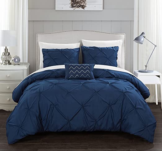 Chic Home Daya 4 Piece Duvet Cover Set Pinch Pleat Ruffled Design Embellished Zipper Closure Bedding - Decorative Pillow Shams Included, King, Navy