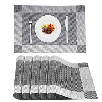 WLIFE Placemats, Heat-Resistant Placemats, Stain Resistant Washable PVC Table Mats, Cross Weave Non-Slip Vinyl Table Mats 18"X12" Sliver Gray, 6pcs Placemats