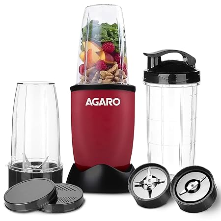 (Refurbished) AGARO Plastic Regal 3 Jar Personal Blender, 400W, Serrated And Cross Blade With Detachable Base, Mixer/Grinder/Smoothie/Juice Maker, Red & Black, 400 Watts